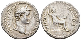 Tiberius (14-37 AD). Lugdunum
AR Denarius (19.6mm 3.68g)
Obv: TI CAESAR DIVI-AVG F AVGVSTVS. Laureate head of Tiberius right.
Rev: PONTIF-MAXIM. Li...