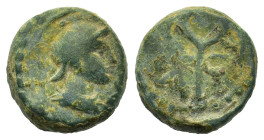 Gaul, Massalia, after 49 BC. Æ (11,8mm, 2.5g). Helmeted bust of Minerva r. R/ Winged caduceus; Δ-P flanking. Depeyrot 75/6.