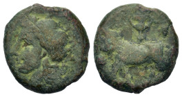 Italy. Southern Campania. Neapolis, c. 310-280 BC. Æ (15,8mm, 4.50g). Laureate head of Apollo l. R/ Man-headed bull walking left; above, kantharos. HN...