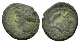 Italy. Southern Campania, Neapolis, c. 300-275 BC. Æ (12,7mm, 1.2g). Laureate head of Apollo r. R/ Forepart of man-headed bull r.Cf. HNItaly 585.