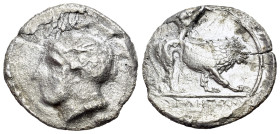 Italy. Lucania, Velia, 300-280 BC. AR Nomos (22mm, 5.25g, 11h). Helmeted head of Athena decorated with quadriga. R/ Lion on prowl. SNG.ANS.1395.