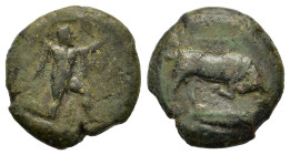 Italy. Northern Lucania. Paestum, c. 350-290 BC. Bull butting to right, head facing. R/ Poseidon advancing to right, in chlamys, brandishing trident. ...