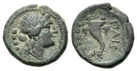 Italy, Lucania, Paestum, after 211 BC. Æ Triens (19mm, 6.00g, 9h). Wreathed head of Dionysos r.; four pellets behind. R/ Cornucopiae; crescent and fou...