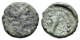 Italy, Northern Lucania, Paestum, c. 218-201 BC. Æ Triens (16mm, 4.38g, 6h). Female head r., wearing ivy-wreath. R/ ΠAIS to left, Q (monogram) and cor...