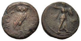 Italy. Southern Lucania. Metapontion, c. 225-200(?) BC. Æ (14,7mm, 3g). Athena Alkedeimos advancing r. R/ Owl standing r., head facing on grain ear. J...