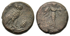 Italy. Southern Lucania. Metapontion, c. 225-200(?) BC. Æ (15mm, 4.25g). Athena Alkedeimos advancing l. R/ Owl standing r., head facing on grain ear. ...