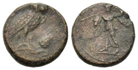 Italy. Southern Lucania. Metapontion, c. 225-200(?) BC. Æ (14,3mm, 3.4g). Athena Alkedeimos advancing l. R/ Owl standing r., head facing on grain ear....