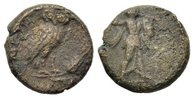 Italy. Southern Lucania. Metapontion, c. 300-250 BC. Æ (14mm, 3.3g), Athena Alkidemos r., brandishing thunderbolt and carrying shield dotted border. R...