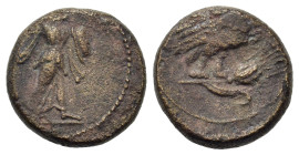 Italy. Southern Lucania. Metapontion, c. 250-207 BC. Æ (13,8mm, 3.4g). Athena Promachos advancing to right, brandishing spear and shield. R/ Owl stand...