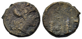 Italy. Southern Lucania. Metapontion, c. 225-200(?) BC. Æ (15,6mm, 4.3g). Wreathed head of Demeter to right. R/ Two grain ears with leaves to right; M...