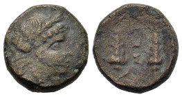 Italy. Southern Lucania. Metapontion, c. 225-200(?) BC. Æ (15,3mm, 4.8g). Wreathed head of Demeter to right. R/ Two grain ears with leaves to right; M...