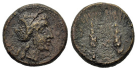 Italy. Southern Lucania. Metapontion, End III century BC. Æ (16,6mm, 4.4g). Head of Demeter r., wearing wreath of grain, earrings and necklace, dotted...