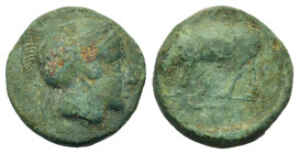 Italy. Southern Lucania. Thourioi, c. 435-410/05 BC. Æ (14,8mm, 2.8g). Helmeted head of Athena r. R/ Bull butting r.; in exergue, fish r. HNItaly 1904...