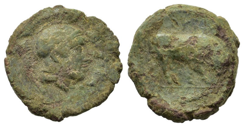 Italy. Southern Lucania. Thourioi, c. 435-410/05 BC. Æ (16,8mm, 4g). Helmeted he...