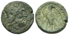 Italy. Bruttium. The Brettii, c. 211-208 BC. Æ Unit (22mm, 8g). Laureate head of Zeus r. R/ Eagle standing l., head r., with wings spread; plough to l...
