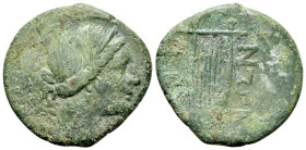 Italy, Bruttium, Rhegium, c. 270-218, Æ (22mm, 6.51g, 12h). Diademed head of Artemis r., wearing earring and beaded necklace; on l. shoulder, bow and ...