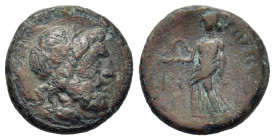 Italy. Bruttium, Rhegion. Second Punic War (211-201 BC). Æ Tetras (15,5mm, 3g). Laureate head of Asklepios r. R/ Hygieia standing left, holding serpen...