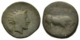 Sicily, Gela, c. 420-405 BC. Æ Trias (17mm, 4g). Bull standing right, head lowered; ••• (mark of value) in exergue. R/ Head of young river god right, ...