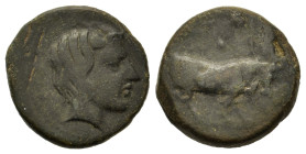 Sicily, Gela, c. 415-405 BC. Æ Tetras (16mm, 4.3g). Bull standing right; olive branch above, 
three pellets in exergue. R/ Head of river-god Gelas rig...