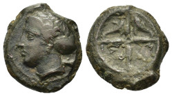 Sicily, Syracuse, c. 415-405 BC. Æ Hemilitron (14mm, 3.31g, 12h). Head of Arethusa l., hair in sphendone. R/ Wheel of four spokes; dolphins in lower q...