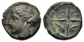 Sicily, Syracuse, c. 415-405 BC. Æ Hemilitron (15mm, 2.8g). Head of Arethusa l., hair in sphendone. R/ Wheel of four spokes; dolphins in lower quarter...