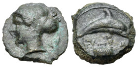 Sicily. Syracuse. Dionysios I (405-367 BC). Æ Hemilitron (14mm, 3.20g, 9h). Female head left, with hair in sphendone; leaves to r. R/ΣΥΡΑ. Dolphin swi...