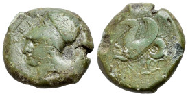 Sicily. Syracuse. Dionysios I (405-367 BC). Æ Litra (19mm, 7.32g, 6h). ΣYPΑ. Helmeted and laureate head of Athena l. R/ Hippocamp left. CNS 34; HGC 2,...