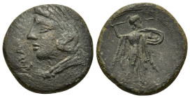 Sicily, Syracuse. Time of Pyrrhos (278-276 BC). Æ Litra (22,6mm, 8.87g). Head of Herakles l., wearing lion skin headdress. R/ Athena Promachos advanci...