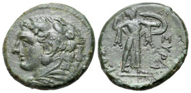 Sicily. Syracuse. Pyrrhos (278-276 BC). Æ (21mm, 8.39g, 9h). ΣIPAKOΣIΩN. Head of youthful Herakles facing l., wearing a lion skin. R/Athena Promachos ...