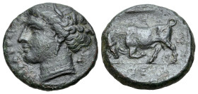 Sicily. Syracuse. Hieron II (275-215 BC). Æ (19mm, 5.73g, 3h). ΣYPAKOΣIΩN. Wreathed head of Kore l.; poppy behind neck . R/Bull butting left; above, c...