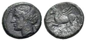 Sicily, Syracuse. Hieron II (275-215 BC). Æ (16mm, 3.21g, 6h), c. 269-240 BC. Female head l., wearing sphendone; boukranion behind. R/ Pegasos flying ...
