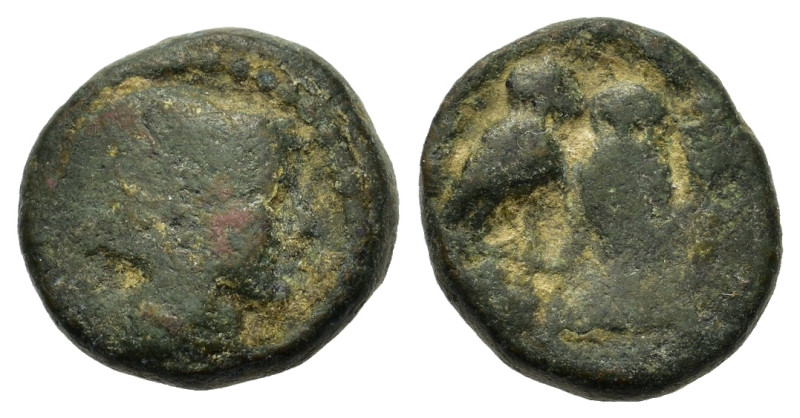 Attica, Athens, c. 130-90 BC. Æ 13mm, 2.8g). Helmeted head of Athena right; dott...