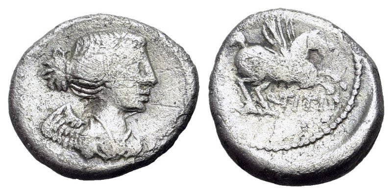 Q. Titius, Rome, 90 BC. AR Quinarius (1.82g, 14mm, 9h). Draped and winged bust o...
