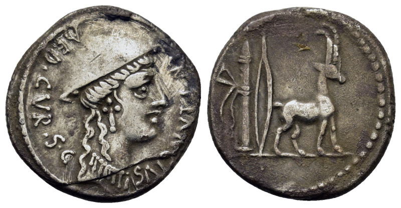 Cn. Plancius, Rome, 55 BC, AR Denarius (17,8mm, 3.5g). Head of Diana Planciana t...