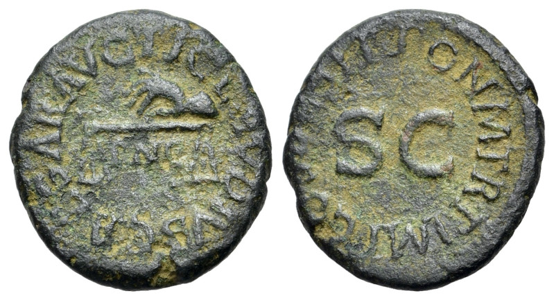 Claudius (34-55). Æ Quadrans (17mm, 2.49g, 6h). Rome. Hand holding scales, below...