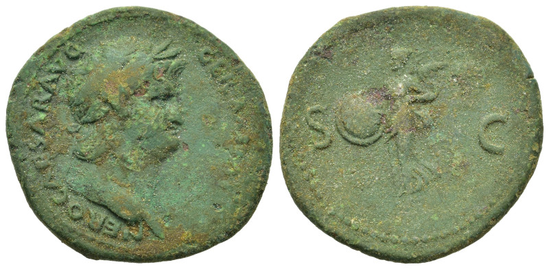 Nero (54-68). Æ As (28mm, 11g). Rome. Laureate head of Nero r. R/ Victory, wings...