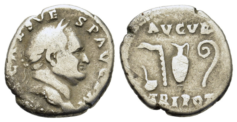 Vespasian (69-79), AR Denarius (17,5mm, 3g). Laureate head r. R/ Tripot simpulum...