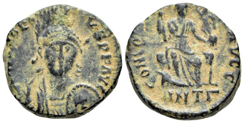 Arcadius (383-408). Æ (16mm, 3.00g, 6h). Antioch, 401-403. Pearl-diademed, helme...