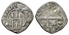 Italy, Genoa. Carlo VI of France, 1396. Billon Minuto (12mm, 0.62g, 6h). Genoese gateway, star below. R/ Long cross with fleur-de-lis. Lunardi 57.