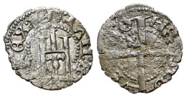 Italy, Genoa. Carlo VI of France, 1396. Billon Minuto (13mm, 0.45g, 8h). Genoese gateway. R/ Long cross with fleur-de-lis. Cf Lunardi 57.