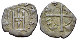 Italy, Genoa. Carlo VI of France, 1396. Billon Minuto (12mm, 0.72g, 11h). Genoese gateway. R/ Long cross with fleur-de-lis. Cf Lunardi 57.