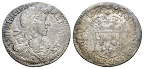 France. Louis XIV (1643-1715). 1/12 Écu (1660 A) (20mm, 2.17g, 6h). Paris. LVD XIIII D G FR ET NAV REX.
Laureate, draped and cuirassed bust r. R/SIT N...