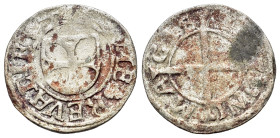 Livonia, Herman von Bruggeney (1535-1547). BI Schilling 1542, Reval (18mm, 1.04g, 6h). Cross. R/ Arms. WCC MB30.