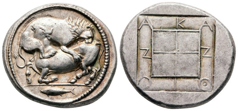 Macedon. Akanthos circa 470-430 BC. 
Tetradrachm AR

30 mm, 17,66 g

Bull c...