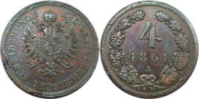 RDR – Habsburg – Österreich, RÖMISCH-DEUTSCHES REICH. Franz Joseph I. (1848-1916). 4 Kreuzer 1861 A, Wien. Kupfer. Vorzüglich