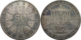 RDR – Habsburg – Österreich, REPUBLIK ÖSTERREICH. 50 Jahre Republik. 50 Schilling 1968. 20,0 g. 0.900 Silber. 0.58 OZ. KM 2904. Polierte Platte