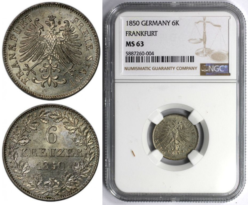 Altdeutsche Münzen und Medaillen, FRANKFURT - STADT. 6 Kreuzer 1850. Billon. KM ...