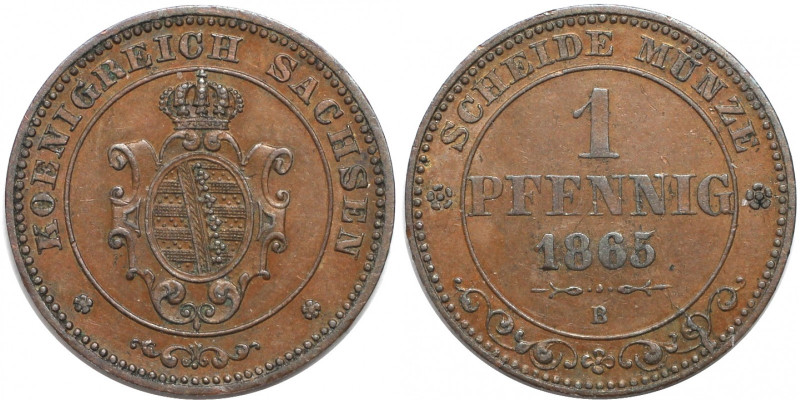 Altdeutsche Münzen und Medaillen, SACHSEN. Johann (1854-1873). 1 Pfennig 1865 B....