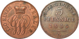 Altdeutsche Münzen und Medaillen, SCHAUMBURG - LIPPE. Georg Wilhelm (1807-1860). 3 Pfennig 1858 A. Kupfer. KM 41. Vorzüglich - Stempelglanz