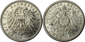 Deutsche Münzen und Medaillen ab 1871, REICHSSILBERMÜNZEN, Lübeck. 2 Mark 1906 A. Silber. Jaeger 81. Vorzüglich-stempelglanz, Flecken, kl. Kratzer